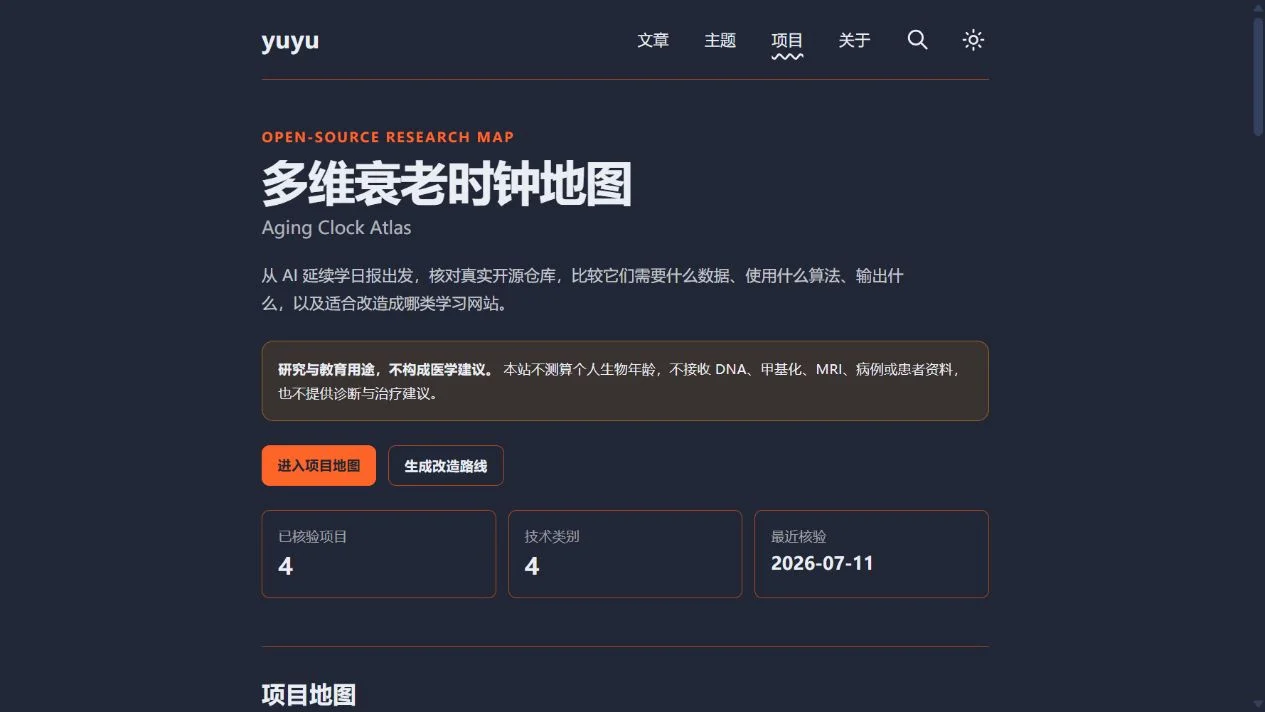 多维衰老时钟地图的公开研究工具界面